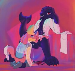 2023 2_penises absurd_res ambiguous_gender animal_genitalia anthro big_feet black_body black_fur bodily_fluids chest_tuft clothed clothing cum cum_drool duo erection facial_piercing feet fish fur generation_4_pokemon genital_fluids genitals grabbing_head hi_res hybrid kneeling lagomorph lazy_mohawk leporid looking_at_viewer lucario makeup male male/ambiguous mammal marine multi_genitalia multi_penis nintendo nose_piercing oral partially_clothed penis piercing pokemon pokemon_(species) rabbit ray_karr ray_karr_lucario_(ray_karr) running_makeup shark shark_tail simple_background slouching tiziano_x tuft