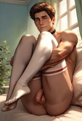 ai_generated anus ass big_ass big_butt black_choker boy brown_hair bubble_ass bubble_butt choker couch day feet flaccid hazel_eyes hugging_own_legs indoors male male_only on_couch penis pillow plant plump_ass round_ass round_butt sitting stockings tallcallipygian tcallipygian testicles thick_thighs thigh_highs thighhighs thighs white_thighhighs window