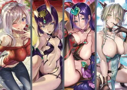 4girls areolae artoria_pendragon artoria_pendragon_(lancer_alter) black_gloves blush breasts casual cleavage fate/grand_order fate_(series) gloves kneeling large_breasts long_hair looking_at_viewer minamoto_no_raikou_(fate) minamoto_no_raikou_(fate/grand_order) miyamoto_musashi_(fate) multiple_girls navel nipple_slip nipples purple_eyes purple_hair sage_joh short_hair shuten_douji_(fate) silver_hair sitting small_breasts smile squatting teeth yellow_eyes