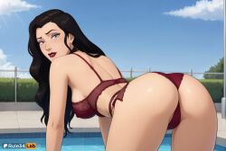 1girls ai_generated all_fours artist_name asami_sato ass avatar_legends black_hair blue_sky bra breasts cloud day eyeshadow from_behind green_eyes hi_res large_breasts lingerie lipstick long_hair looking_at_viewer looking_back makeup mole mole_under_eye nickelodeon nicktoons outdoors panties pool poolside red_bra red_lips red_panties rule34lab sky smile solo the_legend_of_korra underwear underwear_only water