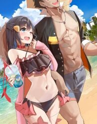 1boy 1girls abs aged_up alternate_costume beach belly_button bikini black_bikini blue_eyes blue_hair blush chain_necklace chains choker collarbone curvy dawn_(pokemon) day female hat highres hourglass_figure jewelry larger_female long_hair looking_at_another male momdy_(talesshinja) muscular muscular_male navel necklace nintendo one_eye_closed outdoors pikachu piplup poke_ball pokemon pokemon_(anime) pokemon_dppt_(anime) red_choker satoshi_(pokemon) shorts sidelocks smaller_female smoothie straw_hat swimsuit thighs wide_hips