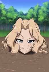 ai_generated blue_sky female forest girls_und_panzer kay_(girls_und_panzer) mud muddy novelai outdoors pov sinking smirk wholesome