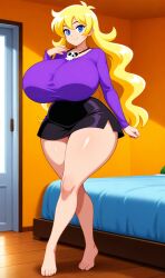 ai_generated big_breasts black_skirt blonde_hair breasts female original_character purple_shirt sister thick_thighs