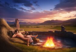 1boy 1girls ai_generated ancient_ruins blowjob female hay_bed king_of_fighters kyo_kusanagi lara_croft male outdoor_nudity outdoor_sex romantic tomb_raider