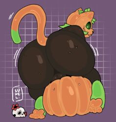 anthro ass backsack balls big_butt elemental_creature felid feline furry furry_only genitals halloween hi_res holidays huge_butt hybrid just_sunel male mammal nude paws pumkat rear_view simple_background solo thick_thighs