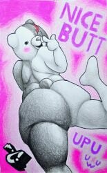 absurd_res anthro ass bear blush danganronpa demon hi_res looking_at_viewer looking_back male mammal marthan_crowl_(artist) monokuma overweight overweight_male slightly_chubby slightly_chubby_male solo spike_chunsoft text uwu