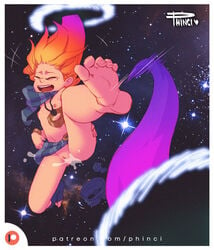 breasts censored closed_eyes feet league_of_legends mosaic_censoring nipples orange_hair phinci presenting_feet pussy pussy_juice riot_games small_breasts soles space toes zoe_(league_of_legends)