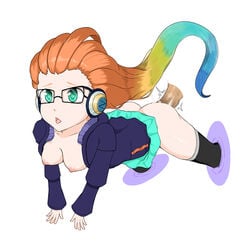 1boy 1girls ass breasts censored cyber_pop_zoe dark-skinned_male dark_skin glasses headphones interracial league_of_legends nipples orange_hair penetration penis portal_(object) project_series riot_games sex trembling veins zoe_(league_of_legends)