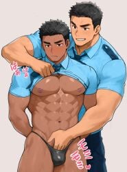 2boys 2d 2d_(artwork) 2d_artwork abs adult adult_male behind_another black_hair blue_necktie blush bulge bulge_through_clothing clothed_male competition_swimsuit dark_skinned_male frowning gay gay_male grin hand_under_clothes hand_under_swimsuit hands_behind_back heart_symbol holding_necktie imminent_handjob japanese_text lifting_shirt light-skinned_male looking_at_another male male/male male_focus male_on_male males_only muscles muscular muscular_male navel necktie nipples no_background no_penetration no_sex original original_characters partially_clothed pink_nipples pink_text saboteng short_hair shorter_male smiling spiky_hair standing taller_male teeth teeth_showing thick_eyebrows yaoi