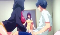 1boy 2022 20s 2girls anime_screenshot apron blue_shorts breasts cat_ears caught_masturbating cousins covered_erect_nipples eretion eyeshadow female garden_~takamine-ke_no_nirinka~ handjob hoodie incest jacket large_breasts long_sleeves makeup male multiple_girls no_eyes one-piece_swimsuit penis penis_grab pink_hair red_one-piece_swimsuit shirt shorts sidelocks swimsuit tagme takamine_ayame takamine_sayuri thighs tomoya_(garden_~takamine-ke_no_nirinka~) twitching_penis white_shirt yellow_shorts