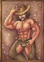 bara black_hair chaps cowboy_hat dark_skin identity_v kevin_ayuso male male_only muscular muscular_male tan_body tan_skin yaoi yunartsn