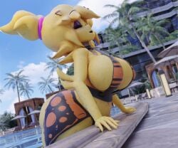 1girls alternate_version_available big_breasts bikini breasts chica_(cally3d) chica_(fnaf) chiku chiku_(cryptia) closed_eyes cryptiacurves fazclaire's_nightclub female female_only five_nights_at_freddy's fredina's_nightclub open_mouth pool solo solo_female standnopower