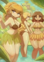 3girls absurdres ass bikini bikini_top_only black_bikini blonde_hair blue_eyes blush breasts brown_hair bush cleavage cloud collarbone earrings female grass grass_skirt hair_over_one_eye hands_on_own_hips highres jewelry large_breasts long_hair looking_at_viewer mario_(series) multiple_girls navel nintendo open_mouth pond ponytail princess_daisy princess_peach princess_rosalina purple_eyes skirt sky smile sparkle standing super_mario_galaxy swimsuit teeth thick_thighs thighs tony_welt tree wading water waterfall waving wide_hips yellow_bikini yellow_skirt