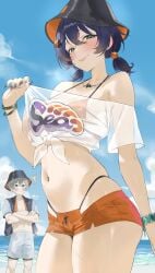 1boy 1girls ^^^ absurdres bare_shoulders belle_(summer_skies)_(zenless_zone_zero) belle_(zenless_zone_zero) bikini black_hat blue_hair blue_sky blushing brother_and_sister byeon_dha cloud commentary cowboy_shot day female green_eyes grey_eyes grey_hair grey_shorts hat highres implied_incest jacket looking_at_viewer low_twintails male_swimwear micro_shorts ocean off-shoulder_shirt off_shoulder official_alternate_costume open_clothes open_jacket orange_bikini orange_shorts outdoors shirt short_hair short_sleeves shorts siblings sky smile standing swim_trunks swimsuit thighs tied_shirt twintails water white_shirt wise_(peaceful_waves)_(zenless_zone_zero) wise_(zenless_zone_zero) zenless_zone_zero