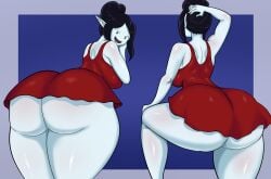 1girls adventure_time ass ass_cleavage ass_focus backboob big_ass black_hair breasts clothing dress fangs female female_only grey_body grey_skin hair hand_behind_head huge_ass kunanstudio looking_back marceline multiple_views pointy_ears red_dress short_dress solo solo_female tied_hair vampire vampire_girl