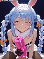 1boy 1girls ai_generated artificial_vagina bare_shoulders blue_hair blush braid bunny_ears fleshlight gloves half-closed_eyes handjob handjob_with_sex_toy highres looking_at_viewer malth onahole pantyhose penis pov red_eyes scarf sex_toy small_breasts smile twin_braids twintails usada_pekora vtuber