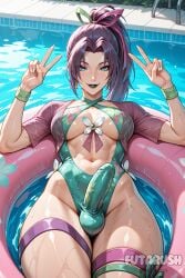 1futa ai_generated black_hair blue_eyes breasts bulge earrings erection female futanari futarush jewelry looking_at_viewer makeup marvel marvel_rivals muscular muscular_futa navel one-piece_swimsuit outdoors patreon patreon_username ponytail pool poolside psylocke psylocke_(breezy_butterfly) psylocke_(marvel_rivals) purple_hair smile solo solo_futa sultryspark swimsuit thick thick_ass thick_thighs v-sign water wet