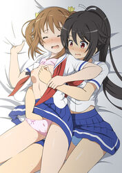 2girls bed_sheet black_hair blush breasts brown_hair closed_eyes fingering full-face_blush high_school_fleet highres hiraizumi_(mugenkidousha) long_hair misaki_akeno multiple_girls munetani_mashiro nipple_tweak nipples open_mouth panties ponytail pussy_juice red_eyes school_uniform serafuku sheet_grab small_breasts sweat two_side_up underwear yuri