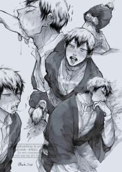 emetophilia fingers_in_mouth greyscale jujutsu_kaisen male_focus multiple_views submissive submissive_male tears tied_hands vomit vomit_on_ground vomit_on_self zenin_naoya