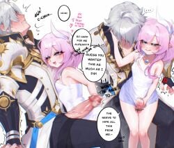 ... 1boy ahoge anger_vein bare_shoulders bird black_gloves black_pants blue_eyes coat commentary couple cyrene_(honkai:_star_rail) dove english_commentary english_text erection female fingerless_gloves gloves handjob heart highres honkai:_star_rail honkai_(series) jewelry licking_lips medium_hair multicolored_hair necklace nyukopoyo pants penis phainon_(honkai:_star_rail) pink_hair pointy_ears short_hair simple_background speech_bubble spoken_ellipsis straight thigh_sex tongue tongue_out two-tone_hair white_background white_coat white_hair