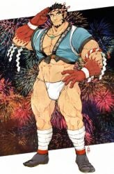 1boy abs arm_hair armband artist_name artist_signature bandage bandaged_leg bara beard beefy biceps black_hair brown_eyes bulge bulge_through_clothing chest_hair collarbone festival fireworks flaccid forked_eyebrows full_body fundoshi gay gesture hachimaki hand_on_hip happi_(clothing) headband hi_res hunk japanese_clothes leg_hair looking_away male male_only manly mature_male muscles muscular muscular_arms muscular_legs muscular_male muscular_thighs navel necklace pantsless pecs quadriceps red_hands rokushaku_fundoshi rope salute sharp_teeth shide short_hair sideburns six_pack skimpy spiky_hair standing tabi_socks tajikarao_(tokyo_afterschool_summoners) tattoo tattoo_on_hand tattooed_arm teeth_showing thick_arms tokyo_afterschool_summoners tough_guy white_border white_fundoshi wristband yaoi yoshiyuki