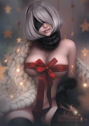 arkuny biting_lip black_gloves blindfold bow christmas christmas_tree female female_only functionally_nude gift_wrapped holidays light-skinned_female light_skin naked_ribbon nier:_automata present ribbon ribbon_trim scarf solo solo_female suggestive tree white_hair yorha_2b