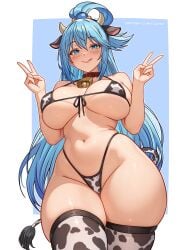 1girls animal_tail aqua_(konosuba) big_breasts bikini bikini_bottom bikini_top blue_eyes blue_hair blush bottomwear breasts cetta_(cettadvd) cleavage collar cow_ears cow_horns cow_print cow_print_bikini cow_print_thighhighs cow_tail cowbell double_peace_sign fake_animal_ears fake_tail female female_only hair hips horns huge_breasts kono_subarashii_sekai_ni_shukufuku_wo! legwear long_hair neckwear solo solo_female swimwear tail thick_thighs thighhighs thighs tongue tongue_out topwear wide_hips