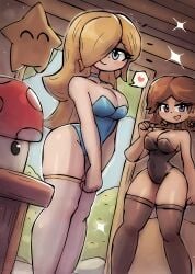 2girls absurdres black_leotard black_thighhighs blonde_hair blue_eyes blue_leotard blush breasts brown_hair bush choker cleavage collarbone creature earrings flower_earrings hair_over_one_eye heart highres jewelry large_breasts leotard long_hair looking_at_viewer luma_(mario) mario_(series) multiple_girls mushroom nintendo open_mouth own_hands_together princess_daisy princess_rosalina short_hair sky smile sparkle speech_bubble spoken_heart standing star_(symbol) star_earrings super_mario_galaxy super_mario_land super_mushroom table thick_thighs thighhighs thighs tony_welt tree white_thighhighs wide_hips