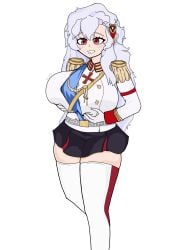 alpha_1918 aristocrat army_uniform big_breasts big_breasts breast_grab breasts clothed female female female_only gigantic_breasts grabbing_breasts grope groping_breasts long_hair massive_breasts noblewoman red_eyes russian tsundere white_background white_gloves white_hair white_socks white_uniform