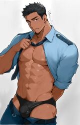 1boy 2d 2d_(artwork) 2d_artwork abs adult adult_male artist_signature athletic_male balls belt big_balls black_hair black_underwear blue_shirt blush_lines bulge bulge_through_clothing fit_male gay gay_male goatee hand_behind_back holding_necktie illustration looking_at_viewer male male_focus male_only muscles muscular muscular_male navel necktie no_background no_sex not_ai_generated open_clothes original original_character pants pants_around_thighs pants_undone police police_officer police_uniform saboteng shiny_skin short_hair solo solo_focus solo_male speedo spiky_hair standing sweat sweating thick_eyebrows yaoi