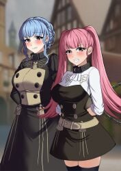 2girls absurdres belt blue_hair blunt_bangs blurry blurry_background blush braid breasts brown_eyes captured chained chains clenched_teeth collar crown_braid female female_focus fire_emblem fire_emblem:_three_houses garreg_mach_monastery_uniform highres hilda_valentine_goneril large_breasts long_hair marianne_von_edmund multiple_girls nintendo pink_eyes pink_hair scared school_uniform short_hair sidelocks standing tara_(szzj7733) teeth twintails