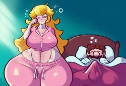 ai_generated ass big_ass blonde_hair breasts breasts breasts bulge erection gigantic_ass gigantic_breasts hips huge_ass huge_breasts lubbasdump mario morning pajamas princess_peach sleeping super_mario_bros. wide_hips