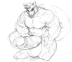 anthro balls barazoku big_balls big_muscles big_penis canid canine cheek_tuft darkgem facial_piercing facial_tuft front_view genitals grin huge_balls huge_cock huge_muscles kneeling looking_at_viewer male mammal monochrome musclegut muscular muscular_anthro muscular_male narrowed_eyes nipples nose_piercing nose_ring nude pecs penis piercing ring_piercing septum_piercing septum_ring simple_background smile solo tuft