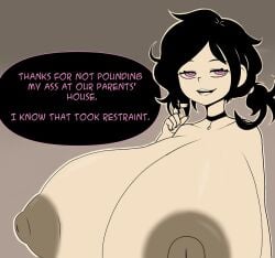 1girls 2025 ashley_graves ber00 big_breasts black_hair breasts breasts_bigger_than_head breasts_out dialogue dirty_talk edit edited english english_text erect_nipples female female_focus female_only hi_res highres huge_breasts hyper hyper_breasts implied_incest incest large_breasts looking_at_viewer meme_reference nipples nude pink_eyes ponytail solo tagme talking_to_viewer text the_coffin_of_andy_and_leyley third-party_edit
