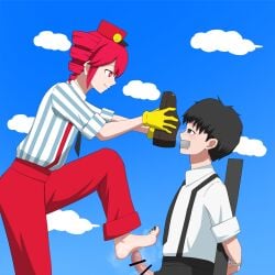 1boy 1girls 2d 2d_(artwork) artist_request black_nails censored censored_penis clothed clothed_female clothed_male clothed_sex clothing feet female flat_chest foot_fetish footjob fully_clothed hat kasane_teto kasane_teto_(sv) male mesmerizer_(vocaloid) mesmerizer_teto musk musk_clouds nail_polish necktie painted_nails pants penis red_eyes red_hair restrained sidelocks simple_background smell_fetish smelling smelling_shoe soles straight suspenders synthesizer_v tape taped_mouth twin_drills utau