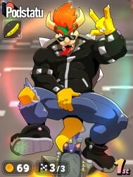 alternate_outfit anthro bad_boy_aesthetic banana biker biker_bowser bondage bowser bowser_(biker) driving driving_recklessly fruit gameplay_mechanic gameplay_mechanics gay grabbing_bulge grabbing_penis horns_gesture leather_fetish leather_jacket male male_focus male_only mario_(series) mario_kart mario_kart_world motorcycle muscular muscular_male nintendo penis podstatu race saliva solo solo_male spiked_bracelets sunglasses taunting tongue tongue_out torn_clothes torn_pants yaoi