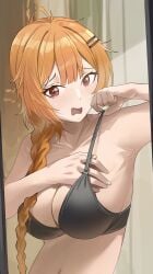 1girls :o absurdres adjusting_bra adjusting_clothes ahoge arm_up armpits black_bra bra braid braided_ponytail breasts caught character_request check_character cleavage female hair_ornament hairclip hand_in_bra hand_in_own_bra highres large_breasts long_hair looking_at_viewer navel open_mouth orange_hair original red_eyes solo strap_pull surprised tears underwear wavy_mouth zaq_(zaqsta)