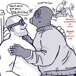 1boy1girl backshots breeding engineer_(team_fortress_2) female male masked pyro_(team_fortress_2) riding strap-on team_fortress_2 trans_man transgender transmasc yaoi