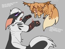 :3 ^_^ black_body black_fur blood blood_on_claws blood_on_hand bodily_fluids closed_eyes domestic_cat english_text fangs felid feline felis female feral fur ghost happy hi_res lies male mammal manipulation open_mouth paws purple_eyes purple_sclera self-harm slit_(wound) smile spirit starlingpaw_(warriors) striped_body striped_fur stripes tail tears teeth tempestpaw text the_voice_(warriors) warriors_(book_series) white_body white_fur wounded yellow_body yellow_fur