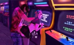 arcade ass background beneath big_breasts big_chest blue_hair board bra brown_hair brunette_hair brunette_male buttons cheating chest couple couple_love couple_sex cute dark_background dark_room date detailed_background doggy doggy_style doggy_style doggy_style doggy_style_position doggy_style_sex doggystyle_position dominant dominant_male domination egirl gaming gothic gothic_girl green_hair hetero_sex heterosexual high_contrast high_thighs highlights_(coloring) intimate jeans lighting lipstick long_hair long_hair_male makeup neon neon_lights night no_genitals no_visible_genitalia open_mouth pants pants_down passionate pinned pinned_to_wall pulling_hair purple_hair purple_lighting realistic screen shirt shirt_lift shirt_up short_hair short_hair_female straight straight straight_hair submissive submissive_female table table_sex unbuckled_belt under_clothes watermark white_body white_female white_skin
