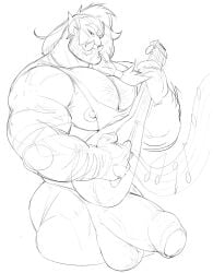 absurd_res arm_hair balls bard beard big_balls big_penis body_hair bottomless boz_(theorcbard) braided_hair chest_hair clothed clothing darkgem erection facial_hair foreskin genitals hair hi_res holding_musical_instrument holding_object huge_balls huge_cock humanoid humanoid_genitalia humanoid_penis humanoid_pointy_ears looking_at_viewer male male_humanoid monochrome mouth_closed muscular muscular_humanoid muscular_male musical_instrument narrowed_eyes nipples orc penis playing_music pointy_ears portrait solo standing three-quarter_portrait topwear tusks