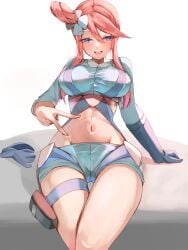 1girls blue_eyes breasts female highres large_breasts momdy_(talesshinja) nintendo penetration_gesture pokemon pokemon_bw red_hair skyla_(pokemon) solo v