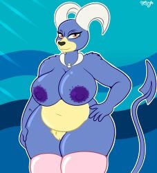 2023 2_horns 4_fingers absurd_res anthro areola artist_collaboration bent_arm big_breasts black_nose blue_background blue_tail breasts closed_smile clothed clothed_anthro clothed_female clothing colored curved_horn curvy_figure digital_drawing_(artwork) digital_media_(artwork) english_description eyelashes female female_anthro fingers fur generation_2_pokemon genitals hand_on_hip hand_on_leg hand_on_own_hip hand_on_own_leg hand_on_own_thigh hand_on_thigh hi_res horn houndoom legwear legwear_only lidded_eyes light lighting long_tail looking_at_viewer mouth_closed multicolored_body multicolored_fur navel nintendo nipples outline pink_clothing pink_legwear pokemon pokemon_(species) portrait purple_areola purple_nipples pussy ractoons shiny_pokemon signature simple_background smile smiling_at_viewer solo spade_tail standing tail thick_thighs three-quarter_portrait topless topless_anthro topless_female two_tone_body two_tone_fur vulva white_horn white_outline