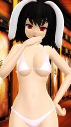 2025 3d bikini black-haired_female breasts cleavage hand_on_hip hand_on_mouth hati_yukkuri_mmd hips indoors light-skinned_female mmd navel open_mouth pink_bikini rabbit_ears rabbit_humanoid red-eyed_female smug swimsuit tewi_inaba touhou waist