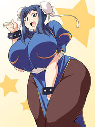 1girls ass blue_eyes blue_hair bracelet breasts chubby chun-li_(cosplay) clothed cosplay double_bun female female_only gundam gundam_build_fighters huge_ass huge_breasts human iori_rinko loincloth looking_at_viewer milf mother open_mouth pantyhose smile solo standing street_fighter thick_thighs tongue uccow wide_hips yellow_background