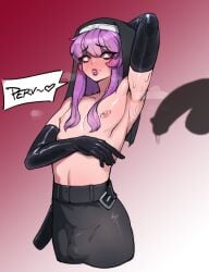 1boy 2boys arm_up armpit armpit_fetish armpit_sweat armpits blush blushing bulge embarrassed female femboy feminine_male flat_chest gay gloves latex light-skinned_female light-skinned_male lipstick long_gloves male male_nun male_only malesub nipples nun nun's_habit nun_hat nun_outfit nunsafeforwork penis penis_bulge penis_shadow purple_eyes purple_hair purple_lipstick shy sweat sweating sweaty tagme trap twink yaoi