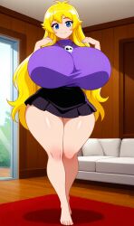 ai_generated big_breasts black_skirt blonde_hair breasts female original_character purple_shirt sister thick_thighs