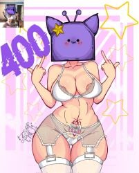 1girls antennae antennae_(anatomy) areolae argentina argentinian_flag arm_sleeves artist_signature asociacion_del_futbol_argentino box_on_head breasts brown_hair cat_ears clavicle female female_only follower_celebration lingerie long_hair middle_finger milestone_celebration nimu nimu_(cosplay) nimu_(irl) panties pantyhose partially_clothed phic_zora pussy short_hair simple_background sofía_magaly_santillán_(nimu) solo solo_female star_ornament stockings tattoo tattoo_on_belly tattoo_on_thigh tattoo_on_wrist thick_thighs thighs virtual_youtuber vtuber youtube_hispanic youtuber_girl youtubers