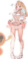 1girls blonde_hair blurry blurry_foreground braid breasts clothes_lift collarbone depth_of_field female full_body gen_4_pokemon green_eyes groin highres lace lace_panties legs lifting_own_clothes lillie_(pokemon) long_hair looking_at_viewer medium_breasts momdy_(talesshinja) nintendo open_mouth panties pleated_skirt pokemon pokemon_sm ponytail ponytail_with_braided_base rotom rotom_(fan) shirt short_sleeves skirt skirt_hold skirt_lift standing surprised underwear white_background white_footwear white_panties white_shirt white_skirt