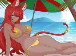aliciaxlife beach bikini bikini_bottom bikini_top breasts dark-skinned_female dark_skin female gold_jewelry green_eyes indie_virtual_youtuber jewelry looking_at_viewer mouse mouse_ears mouse_girl queen rat rat_girl rat_tail red_hair solo solo_female virtual_youtuber vtuber youtuber